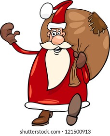 Cartoon Illustration of Funny Santa Claus or Papa Noel or Father Christmas with Sack full of Presents