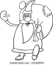 Cartoon Illustration of Funny Santa Claus or Papa Noel or Father Christmas with Sack full of Presents for Coloring Book