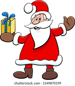 Cartoon Illustration of Funny Santa Claus Character with Present on Christmas Holiday Time