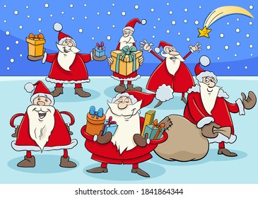 Cartoon Illustration of Funny Santa Claus  Characters Group on Christmas Time