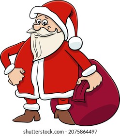 Cartoon illustration of funny Santa Claus character with sack of Christmas presents