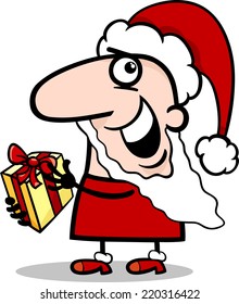 Cartoon Illustration of Funny Santa Claus Character with Christmas Present