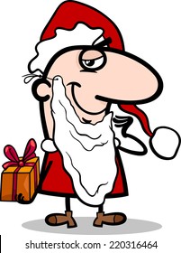 Cartoon Illustration of Funny Santa Claus Character with Christmas Gift