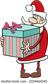 Cartoon illustration of funny Santa Claus character with big Christmas present