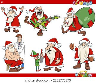 Cartoon illustration of funny Santa Claus characters set on Christmas time