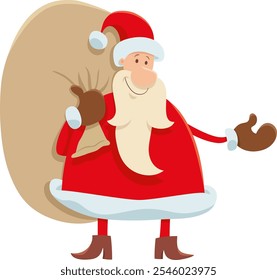 Cartoon illustration of funny Santa Claus character with sack of gifts on Christmas time