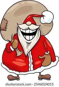 Cartoon illustration of funny Santa Claus character with sack full of Christmas gifts