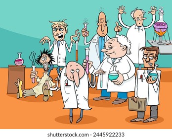 Cartoon illustration of funny scientists or inventors characters group in the laboratory
