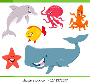 Cartoon Illustration of Funny Sea Life Animal Characters Set