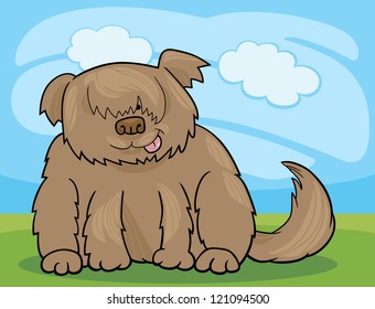 Cartoon Illustration of Funny Shaggy Sheepdog or Bobtail Dog against Blue Sky with Clouds
