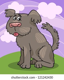 Cartoon Illustration of Funny Shaggy Sheepdog or Bobtail Dog against Sky with Clouds