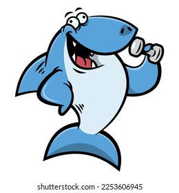 Cartoon illustration of Funny Shark lifting a barbell and show its muscle. Best for sticker, logo, and mascot with fitness themes