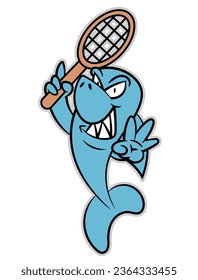 Cartoon illustration of Funny Shark swinging tennis racket and get ready to smashing the ball. Best for sticker, logo, and mascot with summer tennis tournament themes for kids