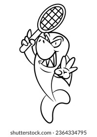 Cartoon illustration of Funny Shark swinging tennis racket and get ready to smashing the ball. Best for outline, logo, and coloring book with sport themes for kids