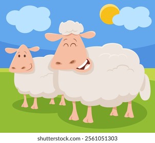 Cartoon illustration of funny sheep farm animal character with lamb