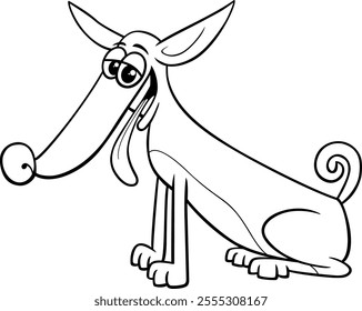 Cartoon illustration of funny sitting dog comic animal character coloring page