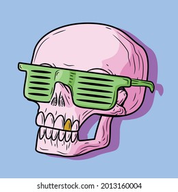 cartoon illustration of a funny skull head wearing funky glasses,which is both scary and funny at the same time.can be used as a wall decoration ,poster, and t-shirt design