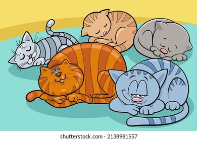 Cartoon illustration of funny sleeping cats animal characters group