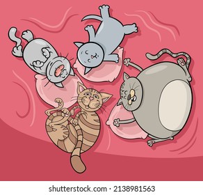 Cartoon illustration of funny sleeping cats and kittens comic animal characters group