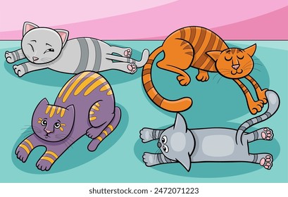 Cartoon illustration of funny sleepy cats or kittens animal characters group