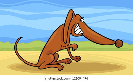 Cartoon Illustration of Funny Smiling Mongrel Dog against Rural Landscape
