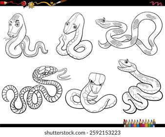 Cartoon illustration of funny snakies wild animal characters set coloring page