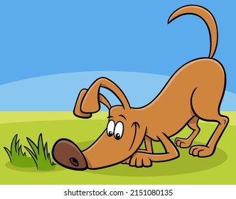 Cartoon illustration of funny sniffing dog animal character