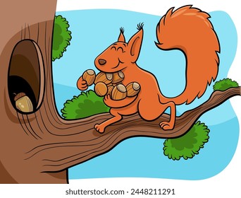 Cartoon illustration of funny squirrel animal character carrying acorns to the hollow in the tree