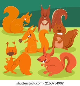 Cartoon illustration of funny squirrels animal characters group