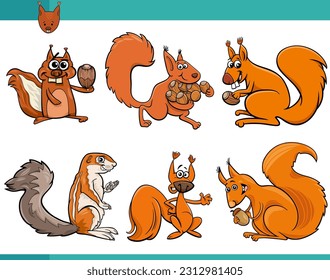 Cartoon illustration of funny squirrels comic animal characters set