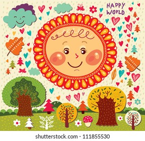 Cartoon illustration with funny sun and trees.