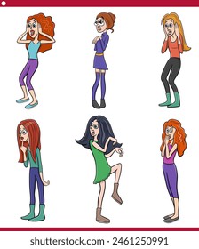Cartoon illustration of funny surprised young women characters caricature set
