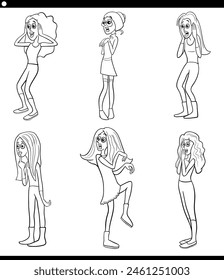 Cartoon illustration of funny surprised young women characters caricature set coloring page