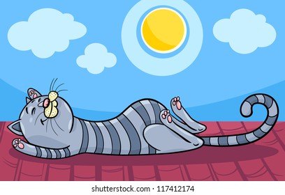 Cartoon Illustration of Funny Tabby Cat Sleeping on the Roof in the Sun