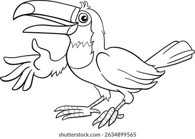 Cartoon illustration of funny toucan bird animal character waving its wing coloring page