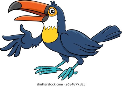 Cartoon illustration of funny toucan bird animal character waving its wing