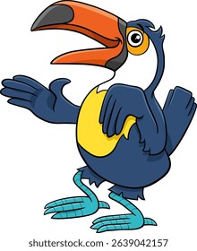 Cartoon illustration of funny toucan bird animal character waving its wing and greeting