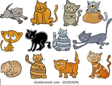 cartoon illustration of funny twelve cats set