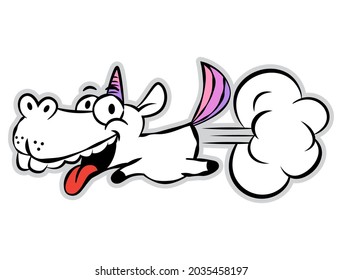 Cartoon illustration of Funny Unicorn flying by its Fart, best for decal, mascot, and logo with start-up business themes