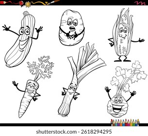 Cartoon illustration of funny vegetables food objects characters collection coloring page