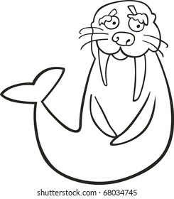 Cartoon illustration of funny walrus for coloring book