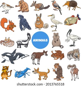 Cartoon illustration of funny wild animal species characters big set