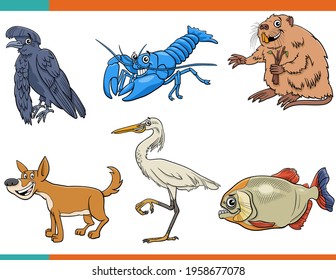 Cartoon illustration of funny wild animals comic characters set