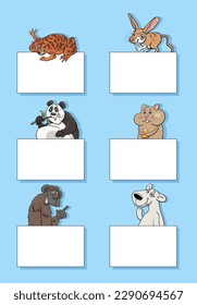 Cartoon illustration of funny wild animals with blank cards or banners design set