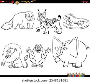 Cartoon illustration of funny wild animals comic characters set coloring page