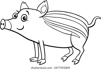 Cartoon illustration of funny wild boar piglet comic animal character coloring page