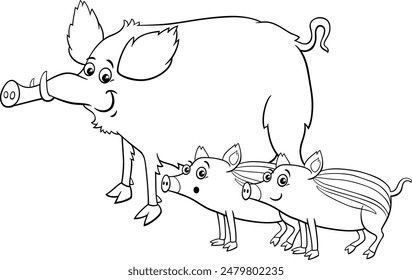 Cartoon illustration of funny wild boar comic animal character with boar piglets coloring page