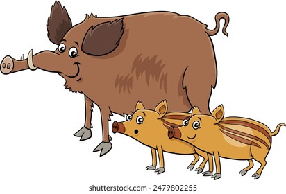 Cartoon illustration of funny wild boar comic animal character with boar piglets