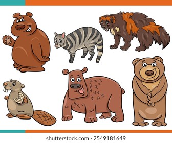 Ilustración de dibujos animados de divertidos mamíferos salvajes personajes de animales cómicos conjunto