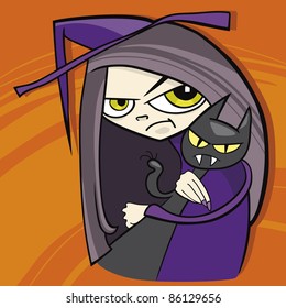 cartoon illustration of funny witch with black cat